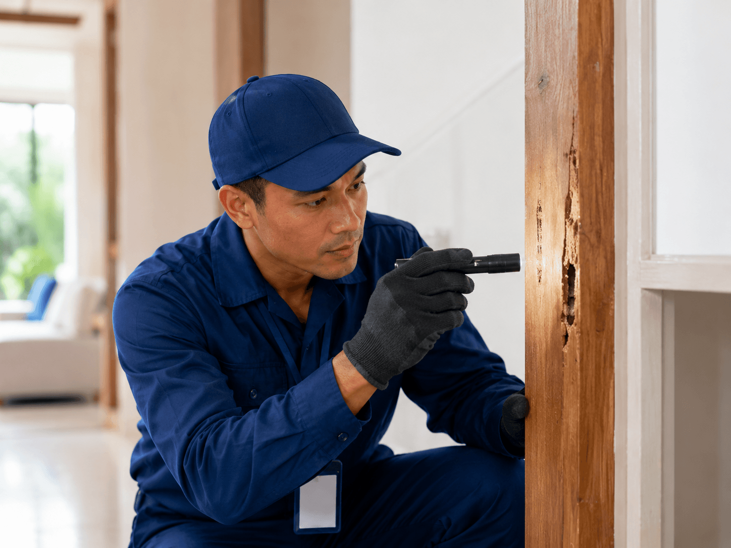 Técnico de X-Plag inspeccionando con linterna un marco de madera dañado por termitas
