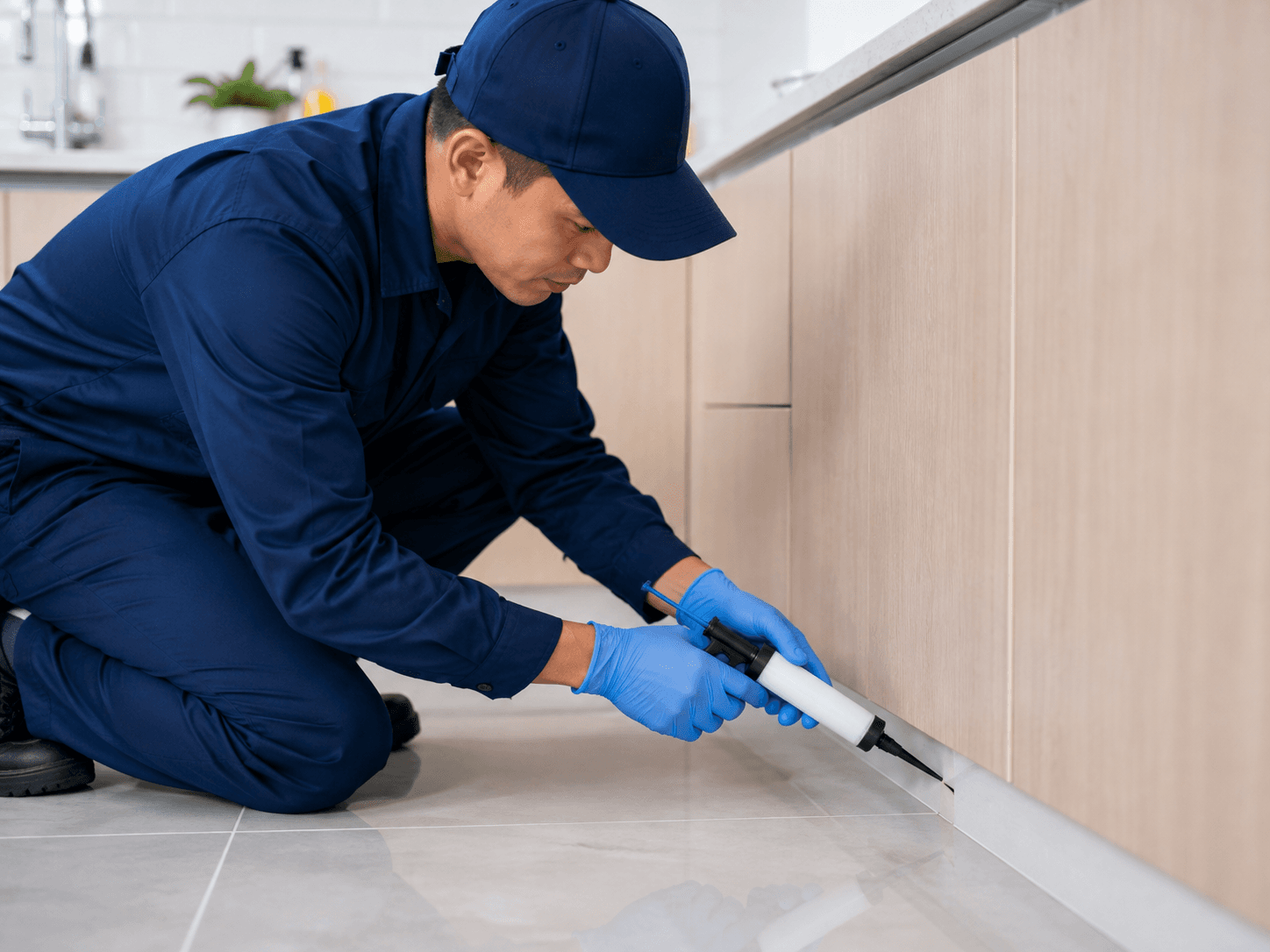 Técnico de X-Plag aplicando gel insecticida en la unión de un gabinete de cocina con el zócalo