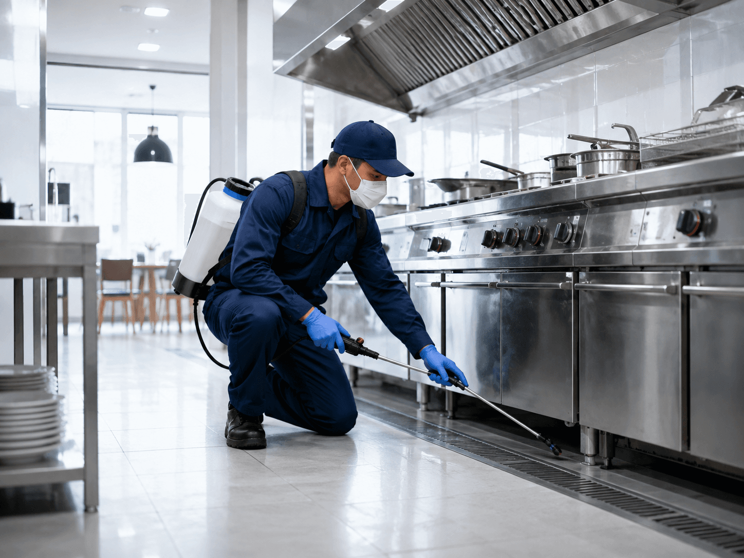 Técnico de X-Plag fumigando la cocina industrial de un restaurante con equipo de aspersión